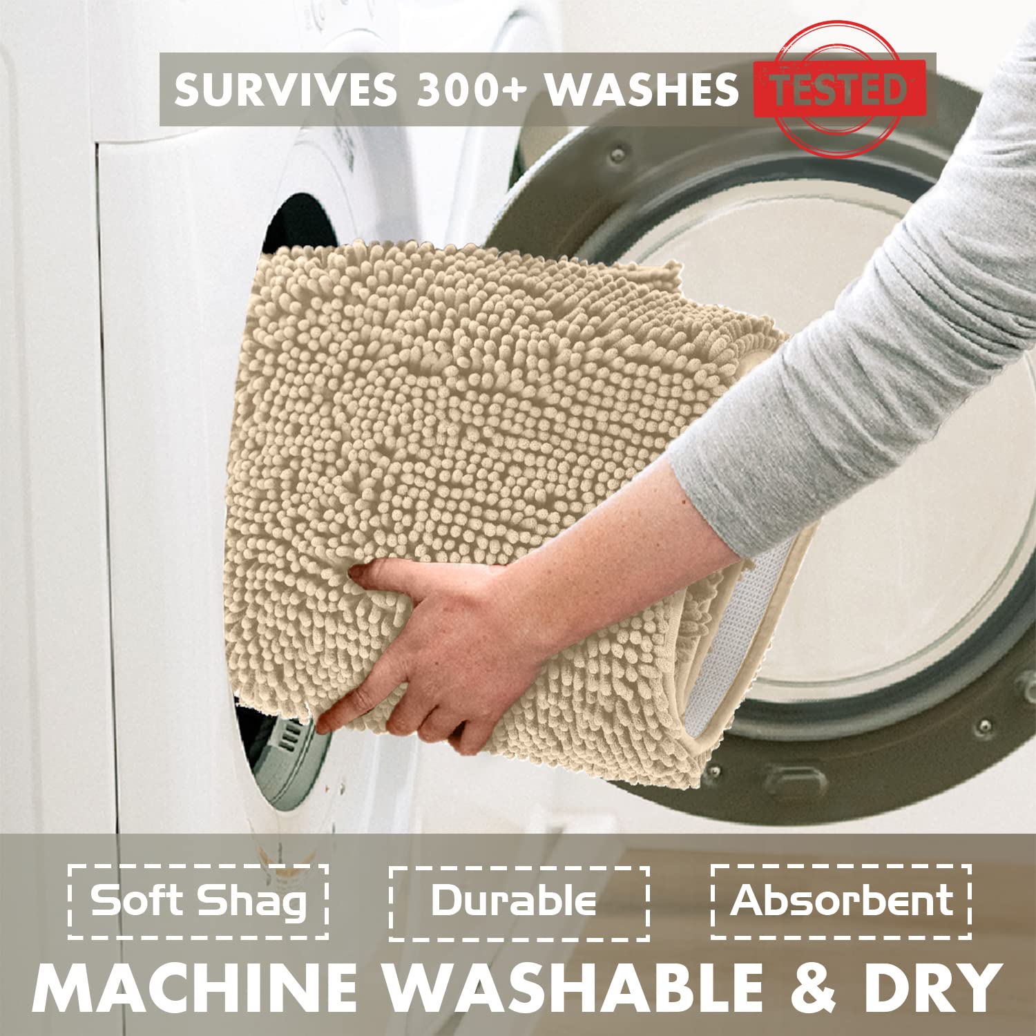 LuxUrux Bath Mat, Extra-Soft Plush Non-Slip Bathroom Rug, Luxury Chenille Microfiber Material, Super Absorbent Shaggy Bath Rug. Machine Wash & Dry (17 x 24 inches, Warm Grey)