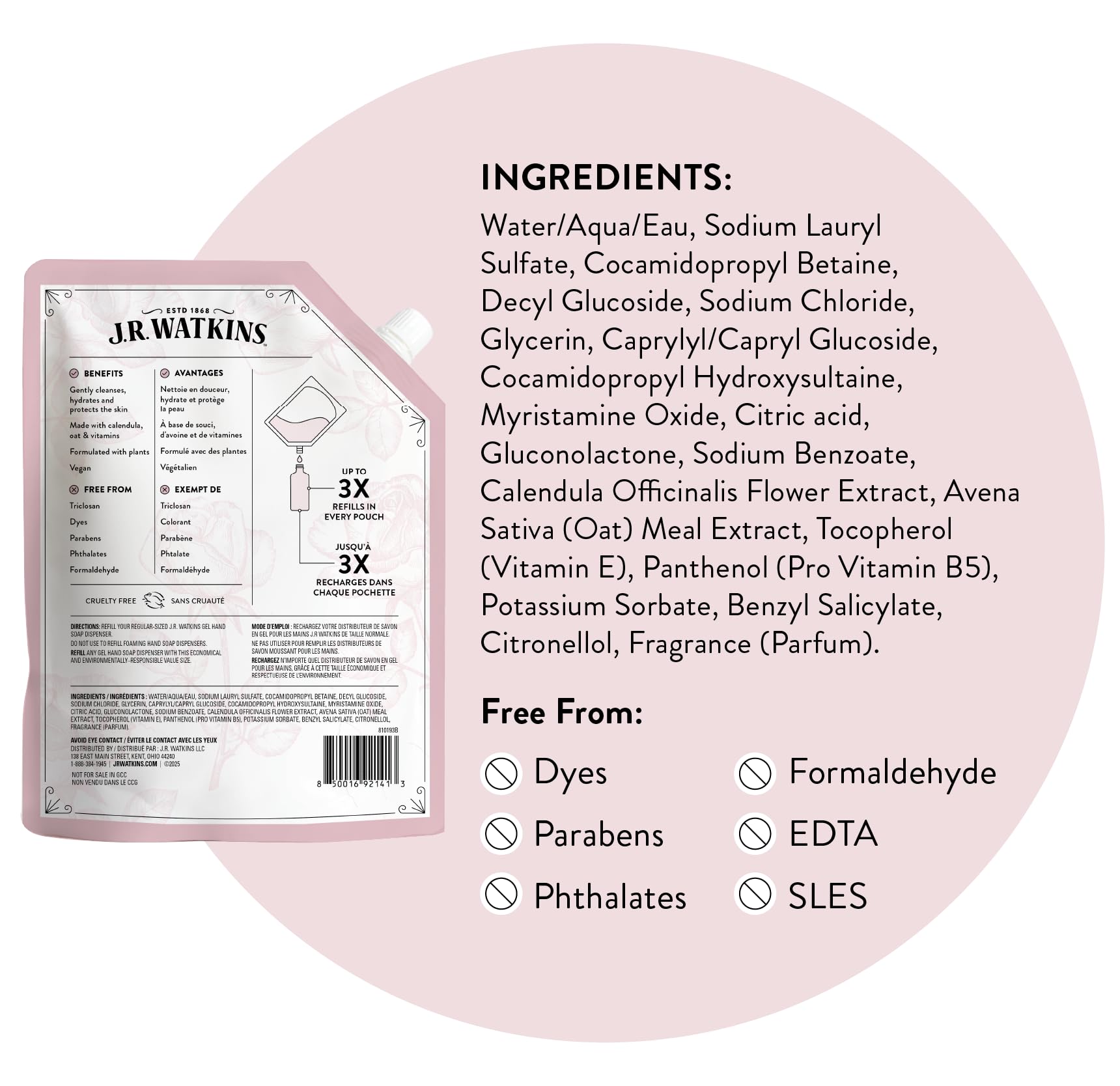 J.R. Watkins Gel Hand Soap Refill, Moisturizing Hand Wash, Formulated with Plant-Based Cleansers, Alcohol-Free, Cruelty-Free, Aloe & Green Tea, 34 Fl Oz, 2 Pack
