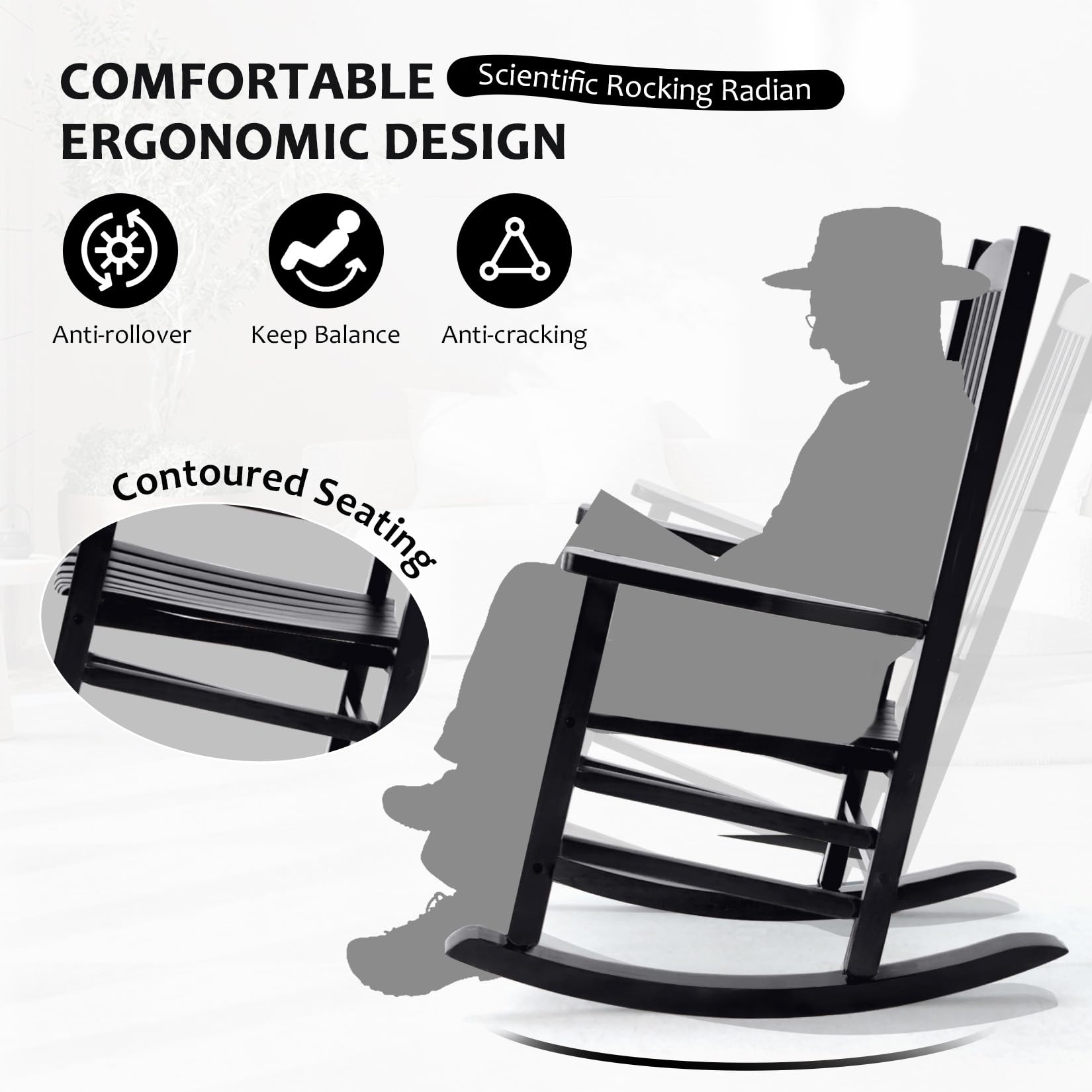 Hupmad Wooden Rocking Chair Outdoor Oversized Porch Rocker Chair,Patio Wooden Rocker with High Back and Armrest,All Weather Rocker Slatted for Backyard,Garden,400 lbs Support,Black