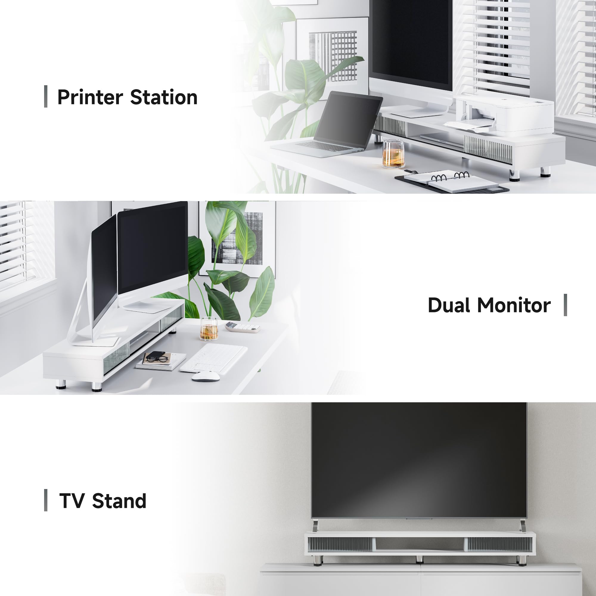 Fenge Dual Monitor Stand, 42.5inch Long Monitor Stands Riser for 2 Monitors, Glass Sliding Door with Storage Organizer Stand for Desk, 2 Tier Desk Shelf for Laptop, Pc, Printer, Computer, TV