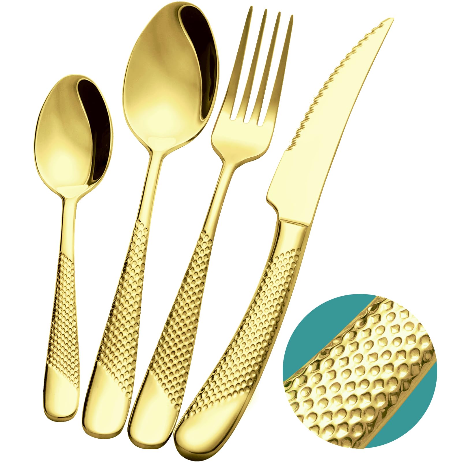 16-Piece Modern Black Hammered Silverware Set with Ultra Sharp 2-IN-1 Serrated Knives, 18/10 Stainless Steel Flatware Set, Titanium Plated Cutlery Set Service for 4, Dishwasher Safe