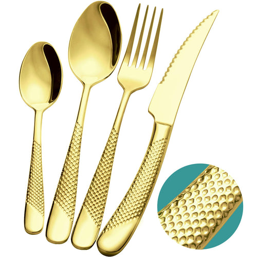 16-Piece Modern Black Hammered Silverware Set with Ultra Sharp 2-IN-1 Serrated Knives, 18/10 Stainless Steel Flatware Set, Titanium Plated Cutlery Set Service for 4, Dishwasher Safe