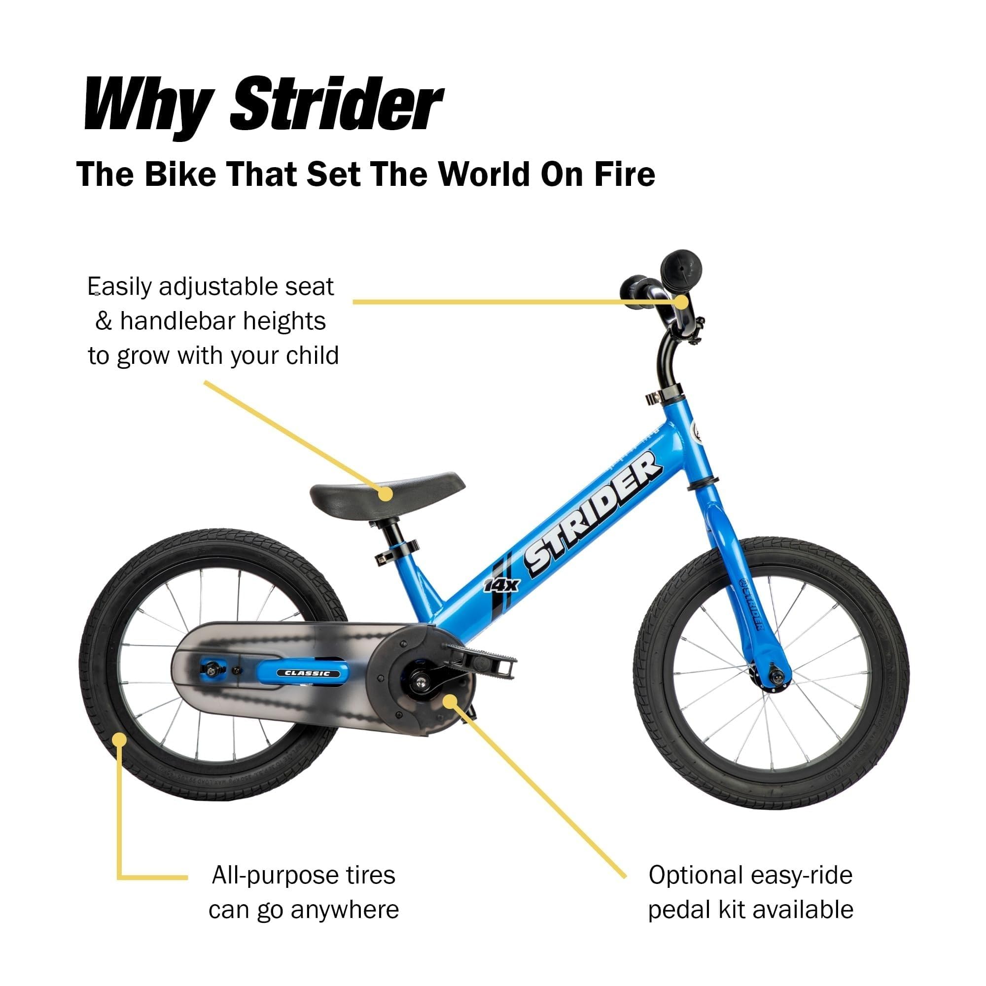 Strider 14x Classic, Balance Bike for Kids 3 to 6 Years - Includes Kid Sized Grips, Padded Seat, Performance Footrest, All-Purpose Tires-Easy Assembly, Tool-Free Adjustments