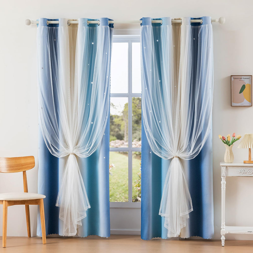 Anytime Star Cut-Out Blackout Curtains for Bedroom 2 Panels,2-Layers Mix Design of Fabric & Tulle,Pretty Pure Color Window Curtain for Kids Room(W35 x L45,LPink)
