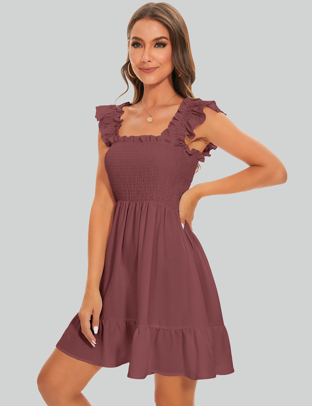ROYLAMP Women's Smocked Dresses Square Neck Elegant Tiered Boho Ruffle Shoulder Swing Flowy Summer Casual Mini Dress