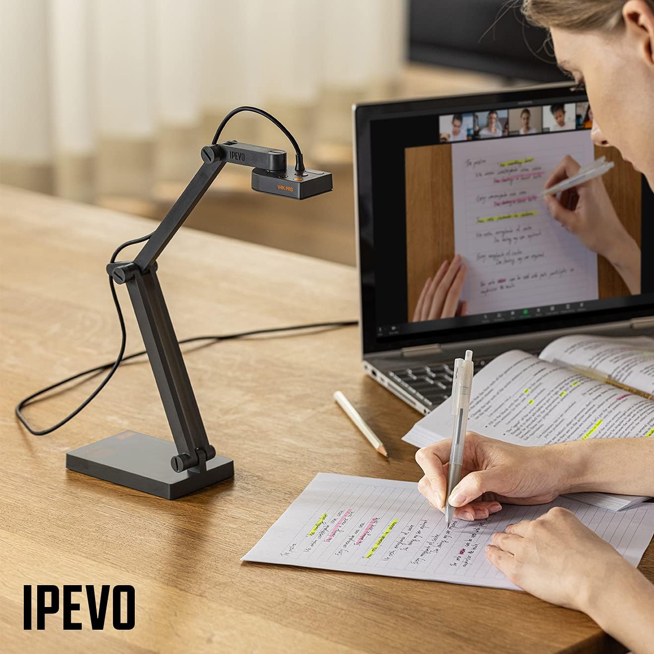 IPEVO V4K PRO Ultra HD USB Document Camera with AI-Enhanced Mic, for Classroom visualization, Online Teaching, Work from Home, Streaming, with Noise Cancellation for Clear Voice, Black