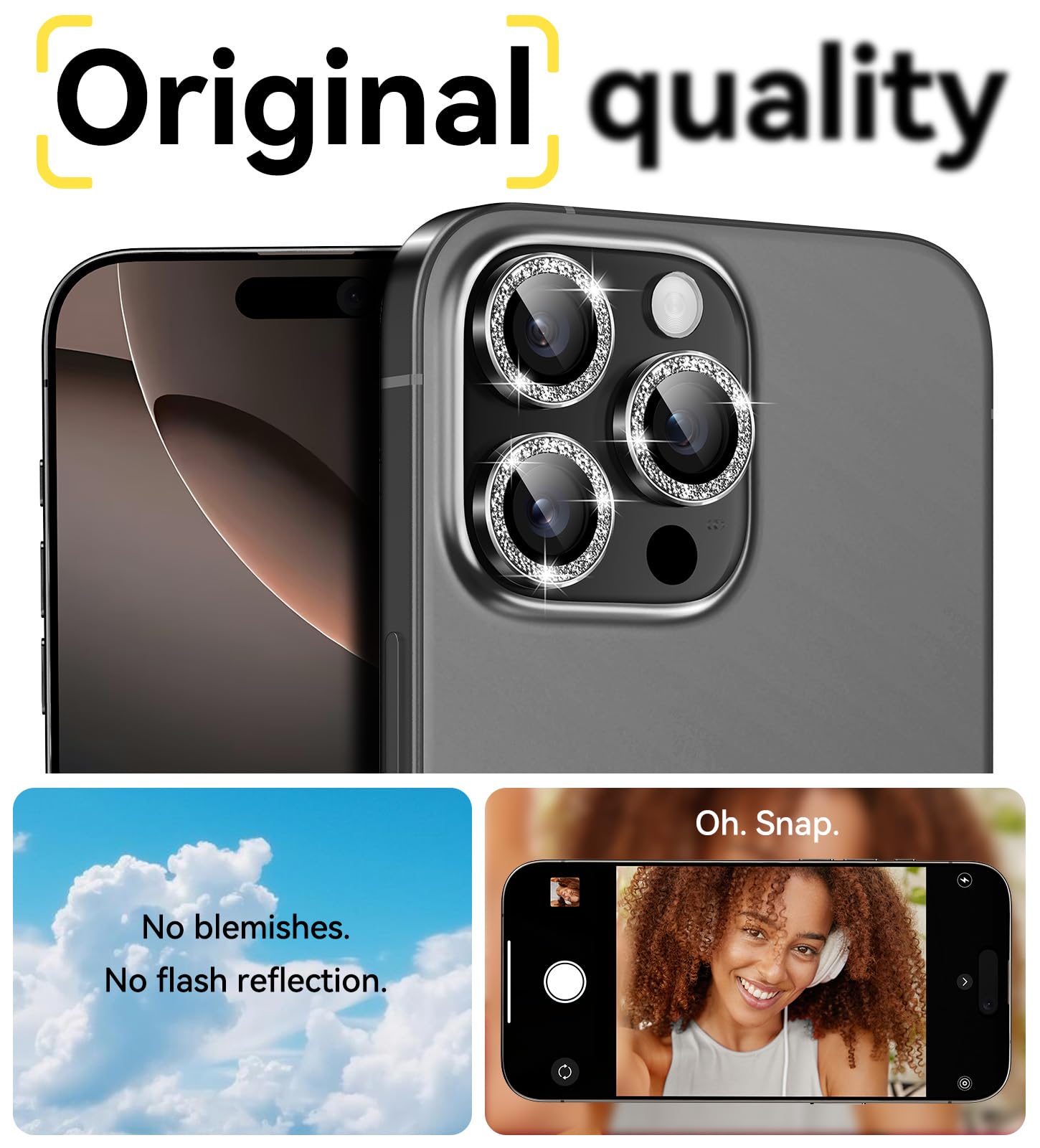 Matekxy Glitter Camera-Lens Protector for iPhone-16 Pro-Max - 16 Pro Anti-Scratch Tempered Glass with Aluminum Edging, Cute Girly Metal Individual Bling Ring Cover for Women, Black Titanium