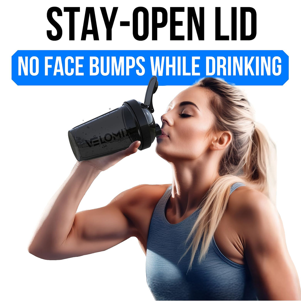 VELOMIX -6 PACK- 20 oz Protein Shaker Bottle for Protein Mixes - 6x Wire Whisk | Leak Proof Shaker Cups for Protein Shakes| Stackable Protein Shaker Bottle Pack | Dishwasher Safe (ALL IN BLACK)