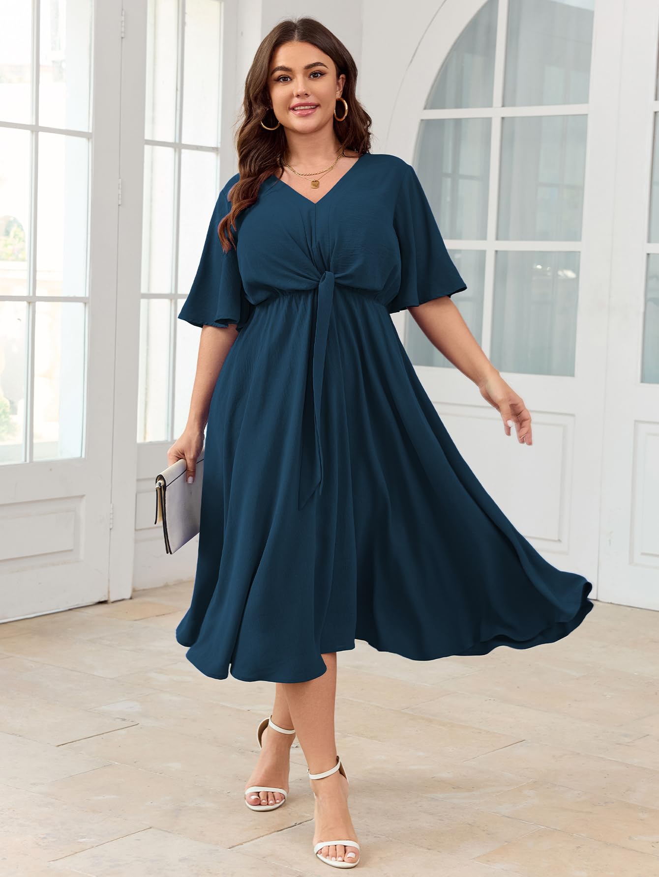 SCOMCHIC Women Plus Size Midi Dresses Wedding Guest Short Sleeve V Neck Tie Waist Casual Summer Flowy A Line Dress