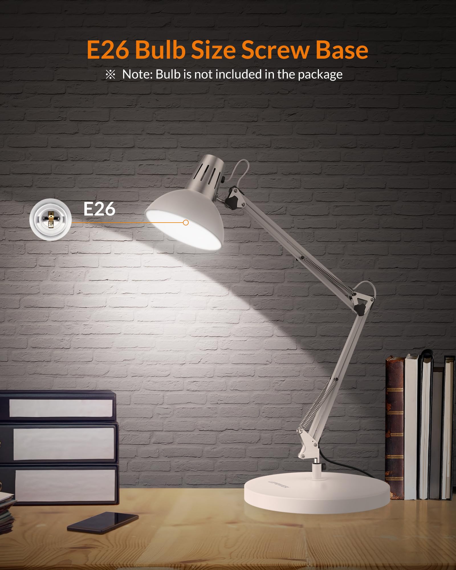 LEPOWER Metal Desk Lamp, Adjustable Goose Neck Architect Table Lamp with On/Off Switch, Swing Arm Desk Lamp with Clamp, Eye-Caring Reading Lamp for Bedroom, Study Room &Office (Sandy Black)