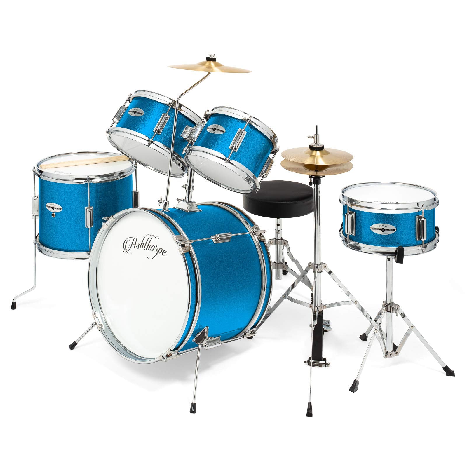 Ashthorpe 5-Piece Complete Kids Drum Set with Genuine Brass Cymbals - Junior Beginner Kit with 16" Bass, Throne, Hi-Hats, Pedals & Drumsticks - Black