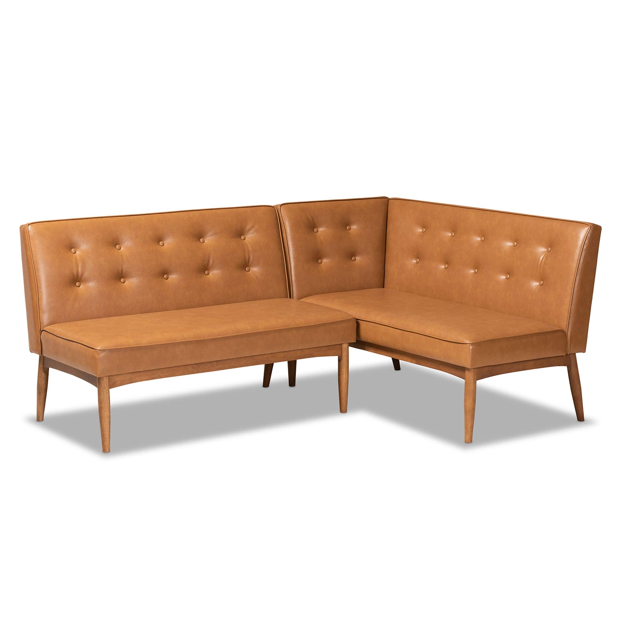 Baxton Studio Arvid Mid-Century Modern Dark Brown Faux Leather Upholstered 2-Piece Wood Dining Corner Sofa Bench