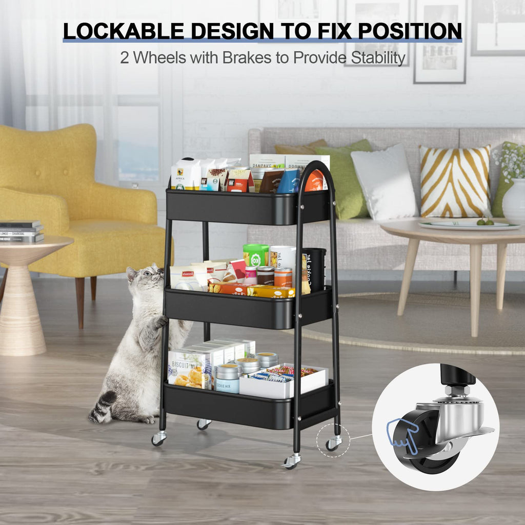 EAGMAK 3 Tier Rolling Cart, Large Metal Storage Cart with Handle and Lockable Wheels, Big Multifunctional Storage Organizer Trolley with Mesh Baskets for Kitchen, Living Room, Office, Garage (Beige)