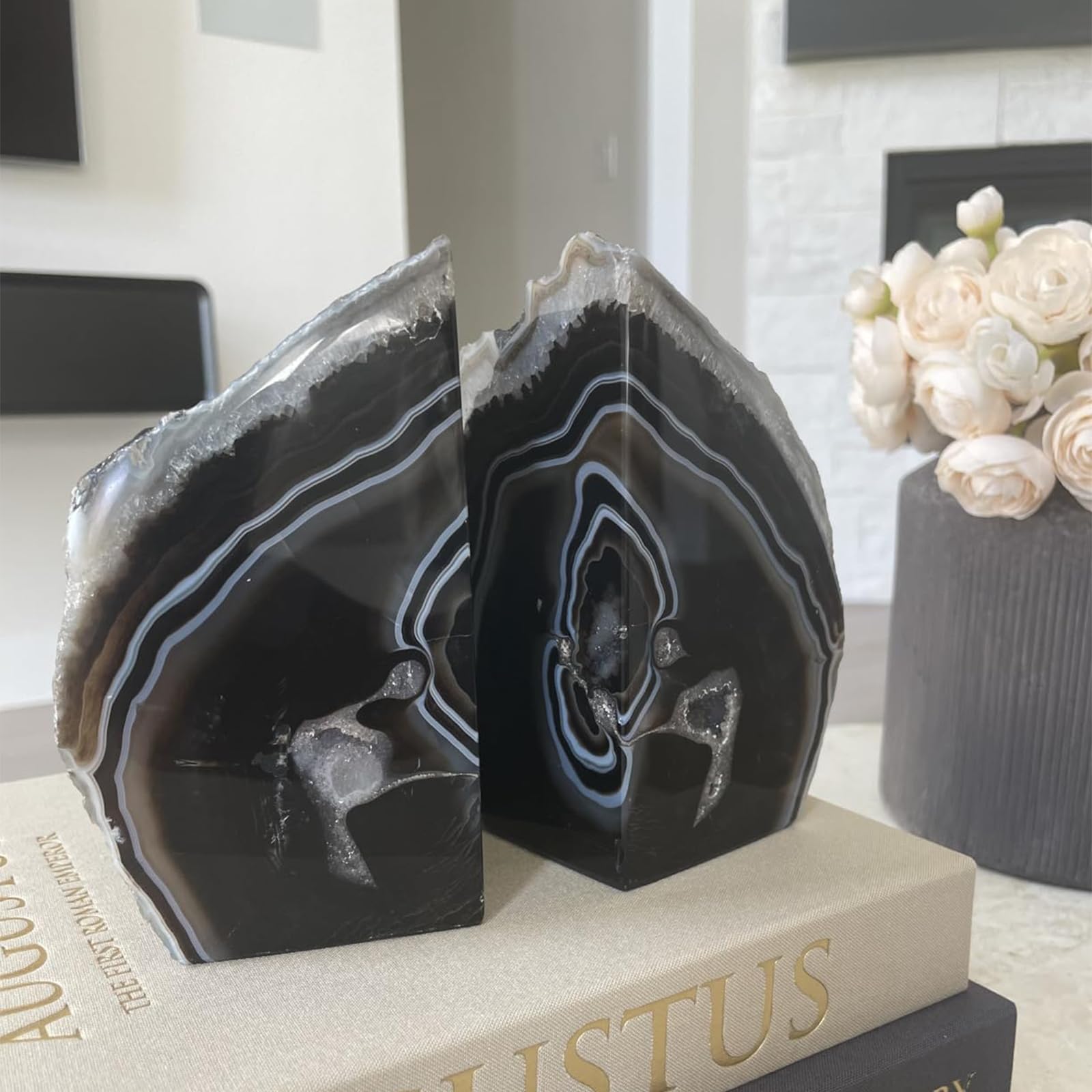 JIC Gem Black Agate Geode Bookends 2-3 Lbs Anti-Slip Rubber Pads Heavy Duty | 1Pair Natural Black Agate Crystal Decor for Shelves & Desk, Unique Small Stone Book Holder Gift for Office & Home Decoration