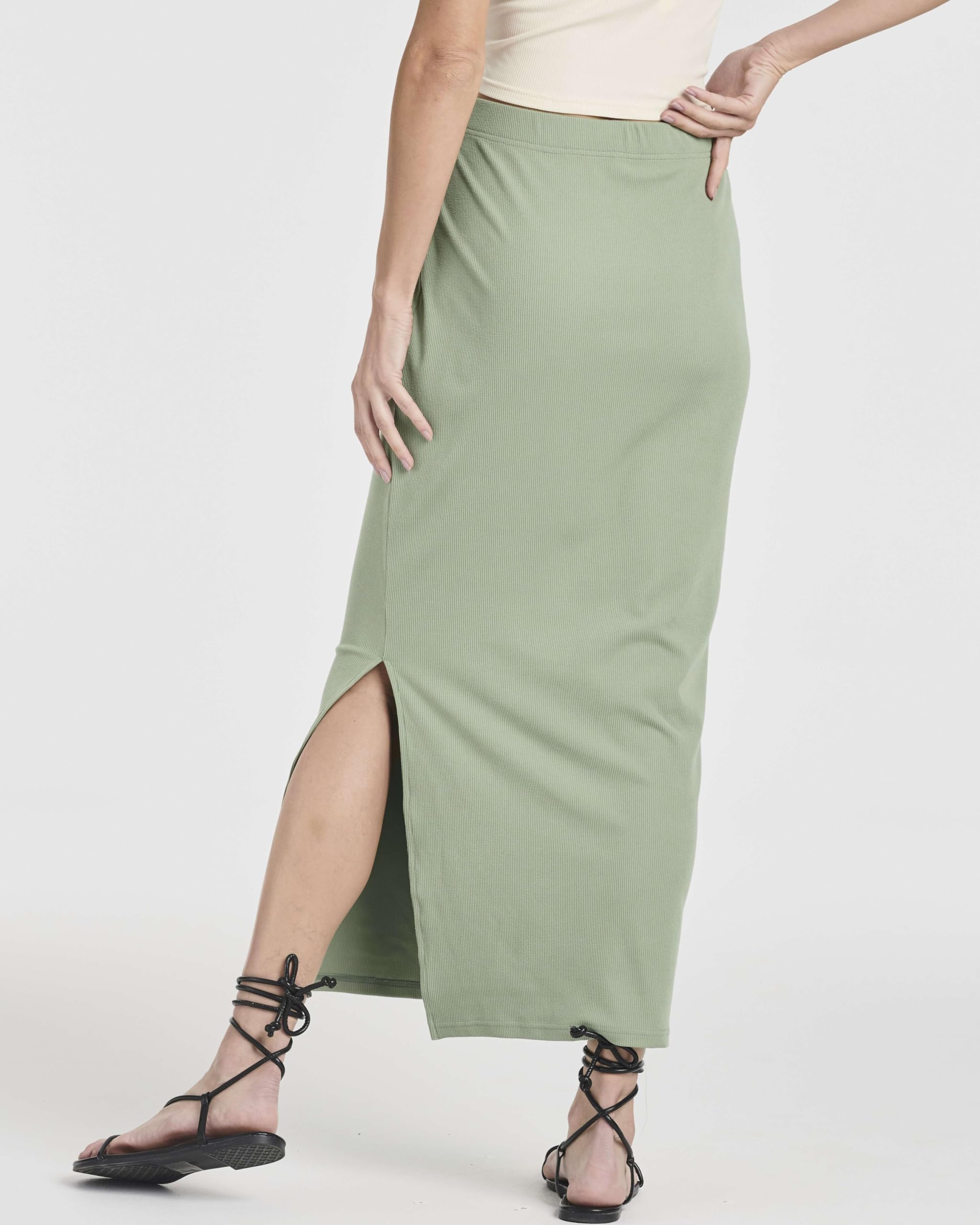 Real Essentials 3 Pack: Women's Ribbed High Waisted Maxi Skirt with Side Slit - Casual Long Pencil Skirt