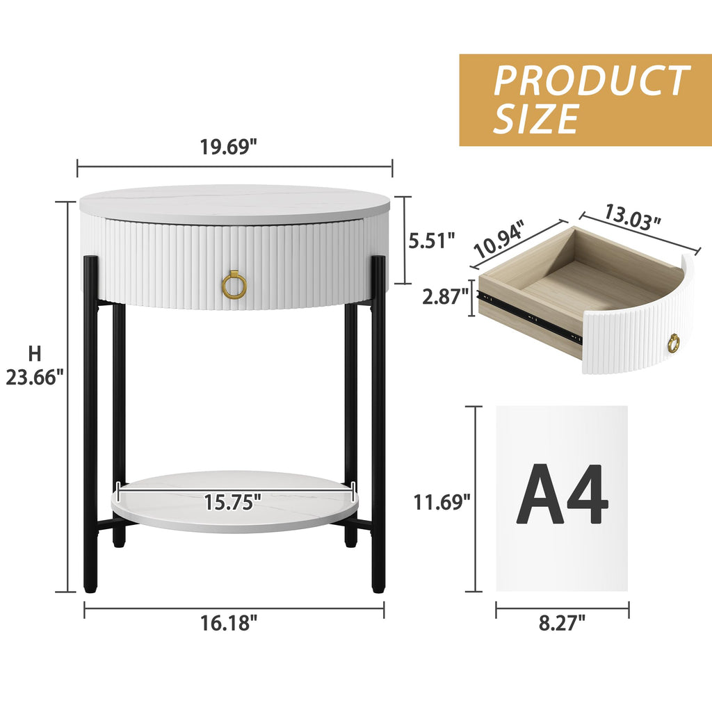OIOG Modern Side Table with Drawer, Industrial 2 Tier End Table with Shelf, Wood Grain Nightstand with Storage for Living Room, Bedroom, Office, Dorm, Black