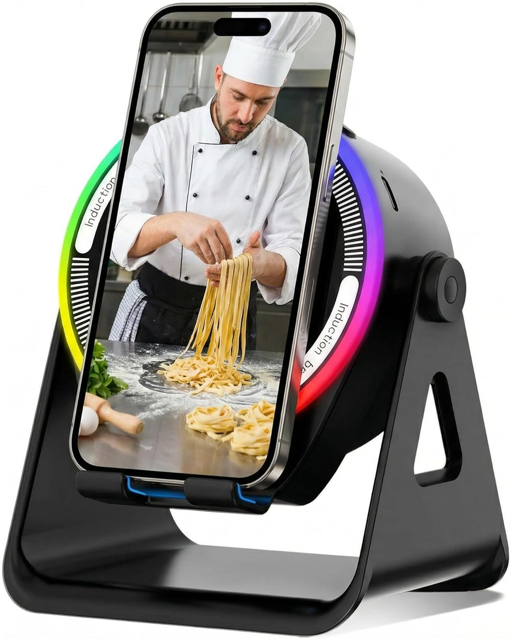 Wireless Induction Speaker, 5-in-1 Bluetooth 5.3 Phone Stand with 360° Rotation & RGB Ambient Light - Cool Tech Gadgets Gifts for Men Women Dad Mom - Compatible iPhone/Android/iPad/Samsung (Black)
