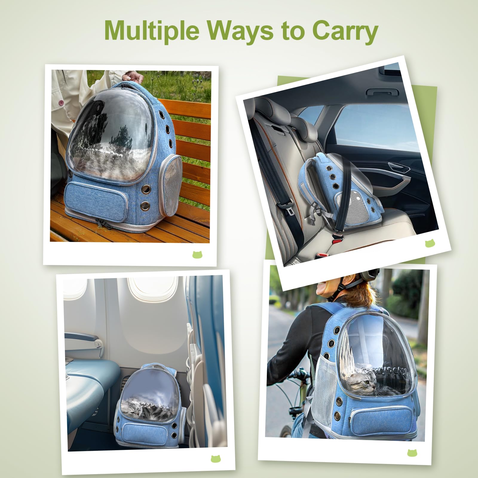 Cawypety Cat Backpack Carrier, Breathable Cat Carrier Large Space Bubble Pet Backpack for Kitty Small Dog up to 12lbs, Transparent & Foldable Pet Carrier for Travel Hiking (Black