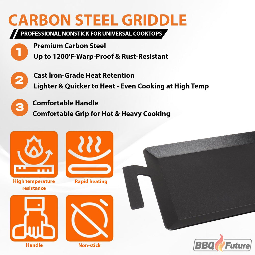 Carbon Steel Griddle for Gas Grill, Double Burner Griddle Compatible with Induction, Stove Top, Electric, Oven - 17" x 10" Professional Cookware for Cooktop, NonStick Griddle Pan