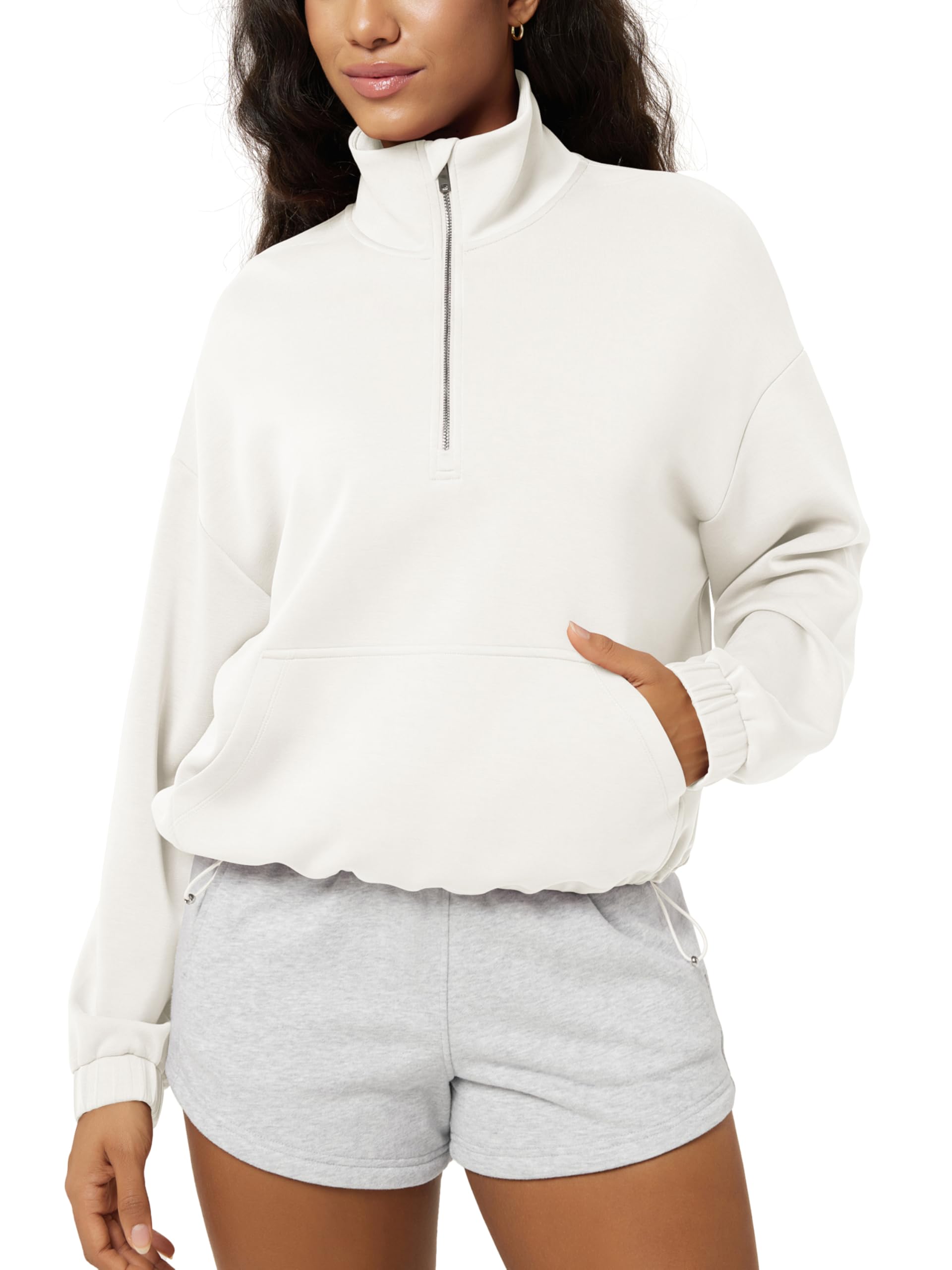 ODODOS Women's Modal Soft Cinchable Sweatshirts Half Zipper Funnel Neck Oversize Pullover with Pockets