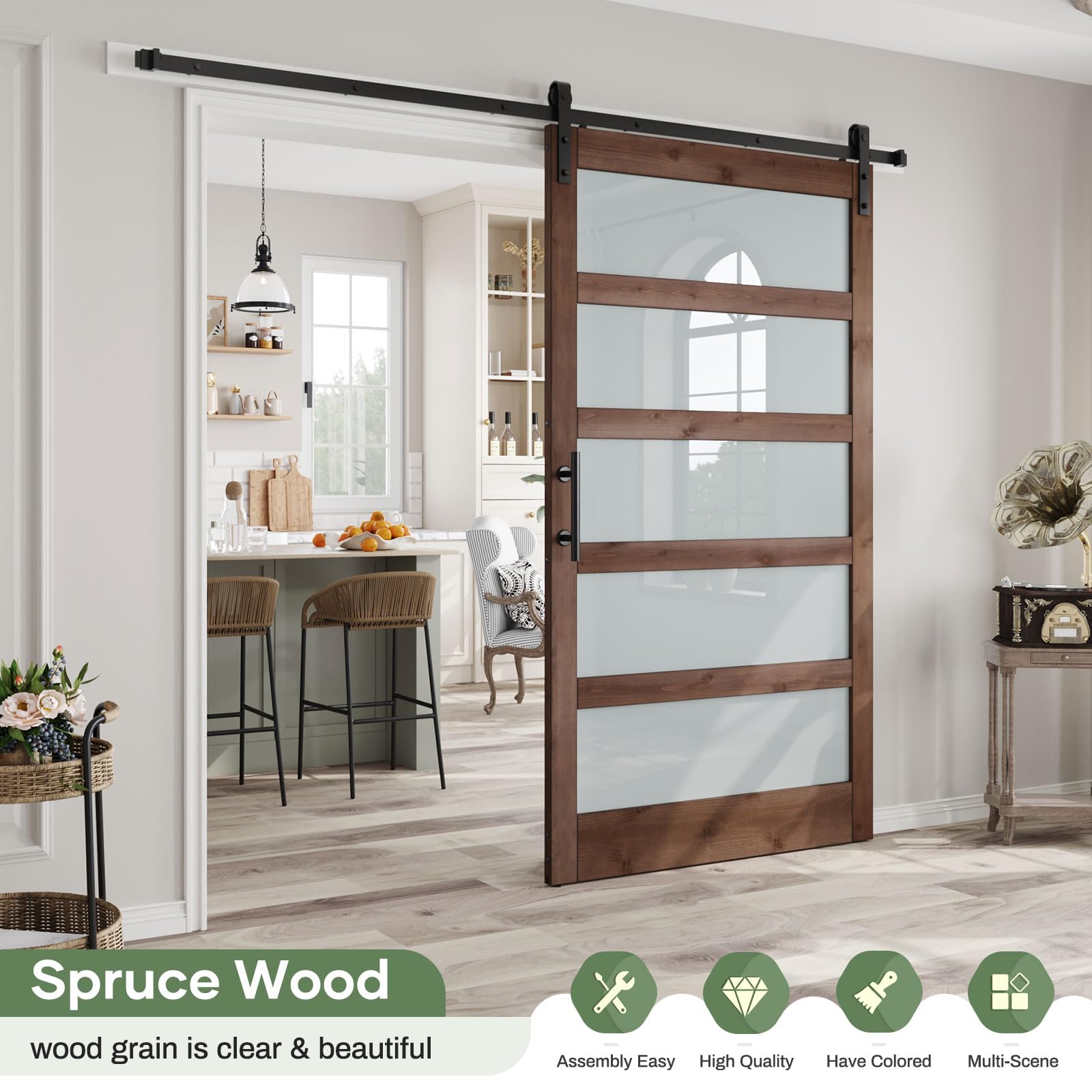 Double 18×84 inch Glass Sliding Barn Door Slab with 6.6ft Hardware Kit Included, 5-Panel Frosted Glass, Spruce Wood Support DIY Dyeing, Easy Assembly