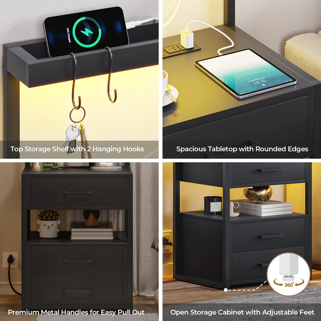 VIAGDO Led Nightstand with Charging Station, 3 Drawers Night Stands with Led Lights, Black Bedside Tables with Storage Shelves, Modern End Side Tables for Bedroom, Office