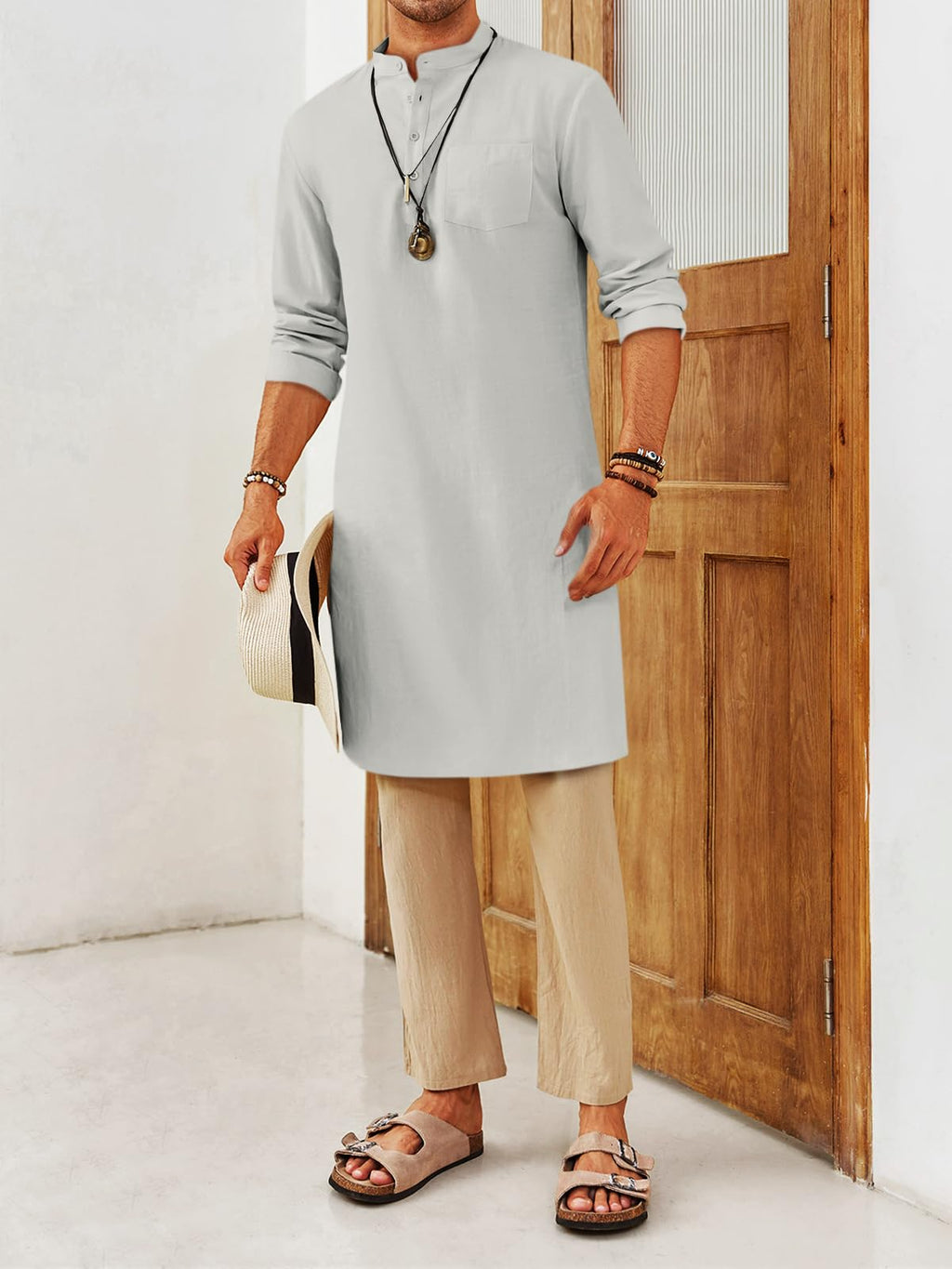 Gafeng Mens Kaftan Robe Button Down Long Sleeve Henley Cotton Thobe Casual Side Split Gown Shirt