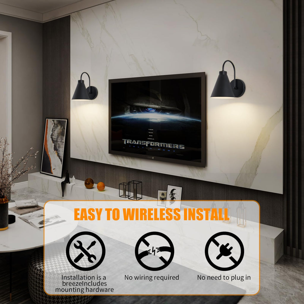 Powfloven Vintage Rechargeable Wall Sconces Set of 2, Battery Operated Bedside Wall Lamps with Remote Control, Wireless Gooseneck Indoor LED Lights Fixture for Bedroom Hallway, Black