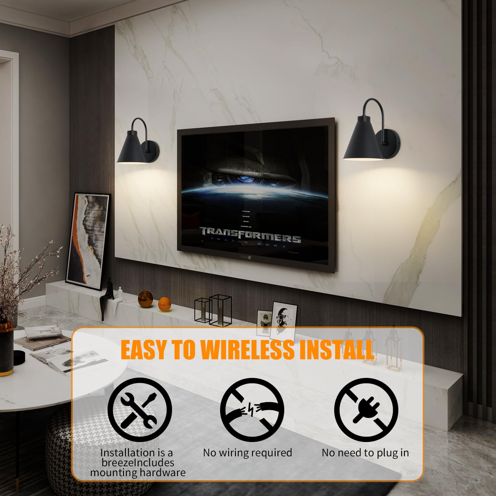 Powfloven Vintage Rechargeable Wall Sconces Set of 2, Battery Operated Bedside Wall Lamps with Remote Control, Wireless Gooseneck Indoor LED Lights Fixture for Bedroom Hallway, Black