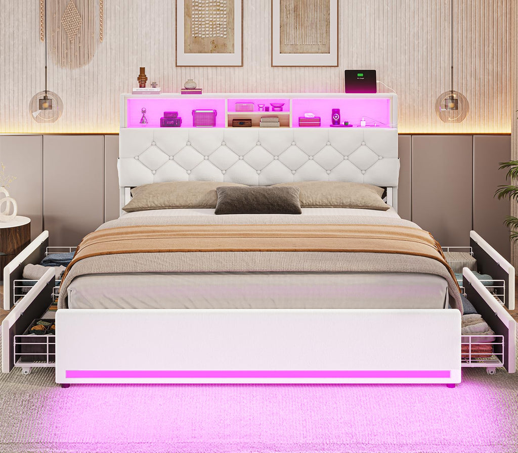 BTHFST Twin Bed Frames with Headboard & 4 Drawers, LED Bed Frame Twin with Charging Station, Upholstered and Metal Twin Bed with Storage, No Box Spring Needed, Black PU