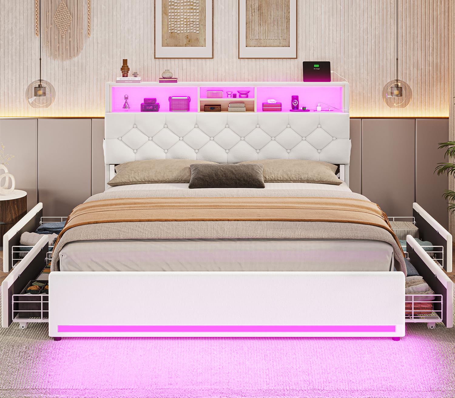 BTHFST Twin Bed Frames with Headboard & 4 Drawers, LED Bed Frame Twin with Charging Station, Upholstered and Metal Twin Bed with Storage, No Box Spring Needed, Black PU