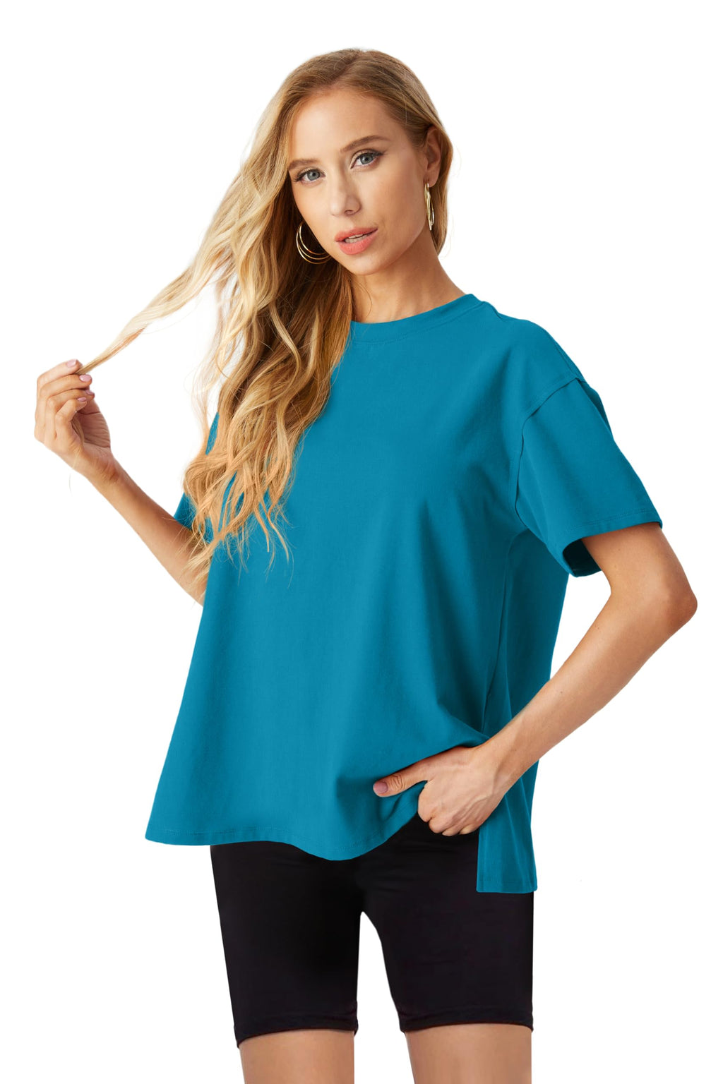 Lepunuo Oversized T Shirts for Women Summer Tops 2024 Trendy Cotton Casual Loose Fit Short Sleeve Side Slit Tee Shirts