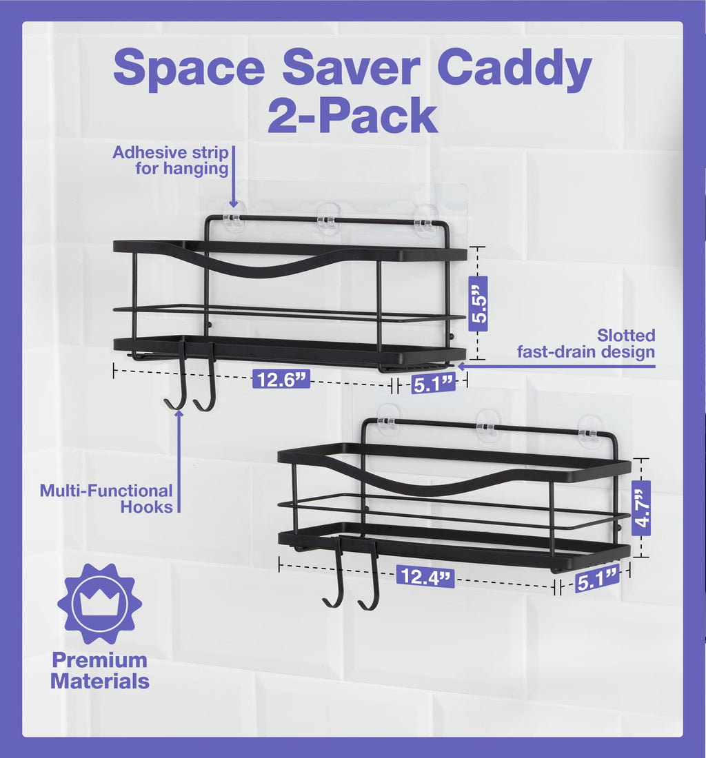 KINCMAX Premium Shower Caddy, Self Adhesive Shower Organizer w/ 4 Hooks, No Drill Shelves for Inside Shower, Rustproof Stainless Steel Shower Rack for Bathroom, Matte Black