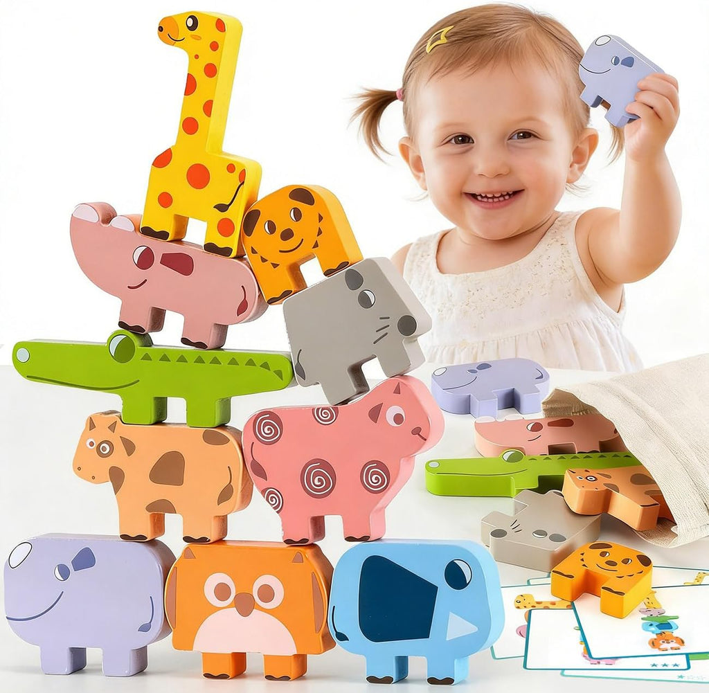 Montessori Toys for 2 3 4 Year Old Girls & Boys, Wooden Animal Stacking Blocks for Toddlers 1-3, Building Blocks Game Stacking Toys Ages 2-4 Toddler Birthday Gifts