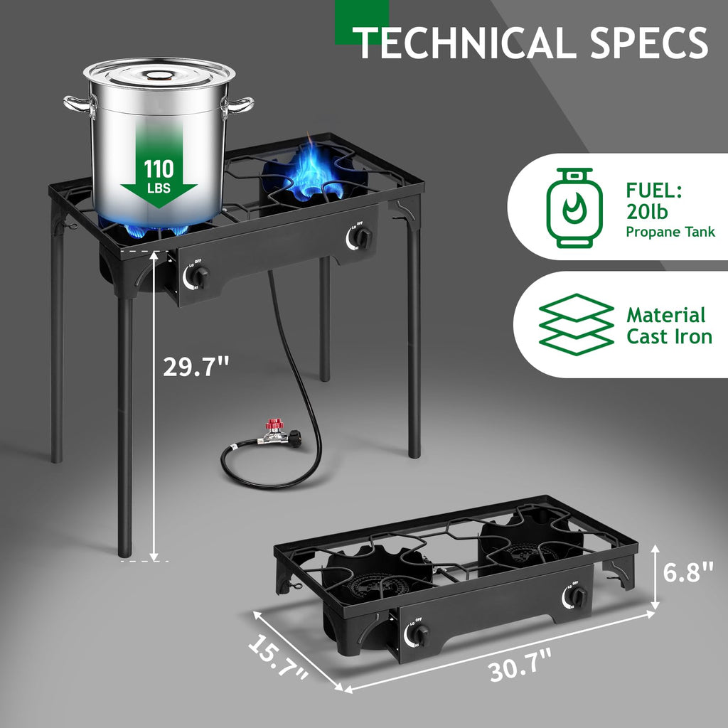 Outvita 2 Burner Propane Gas Stove for Outdoor Cooking, 150,000 BTU Camping Cooker with Removable Legs, Temperature Control Knobs for Backyard Cooking, BBQ, Baking and Frying