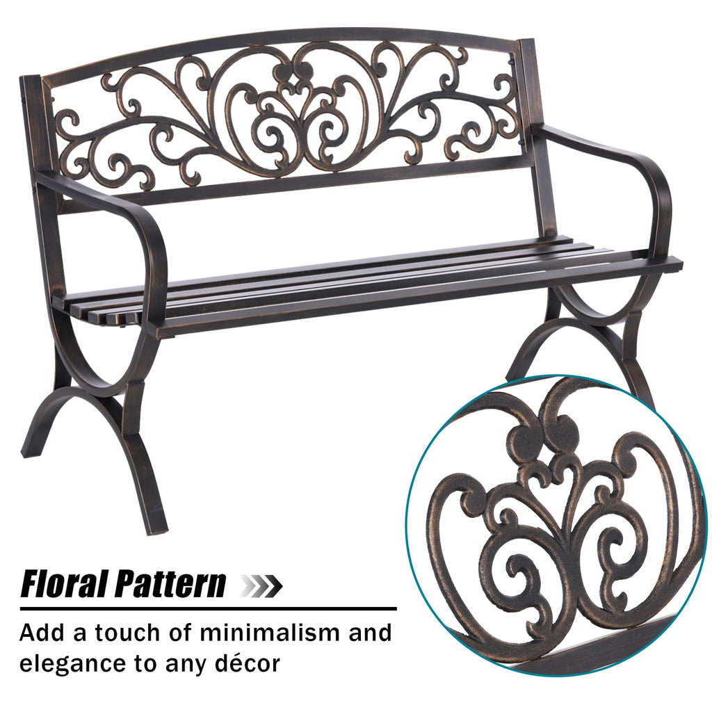 MFSTUDIO 50 Inches Outdoor Garden Bench, Cast Iron Metal Frame Patio Park Bench with Floral Pattern Backrest, Arch Legs for Porch Lawn Garden Yard(Black)