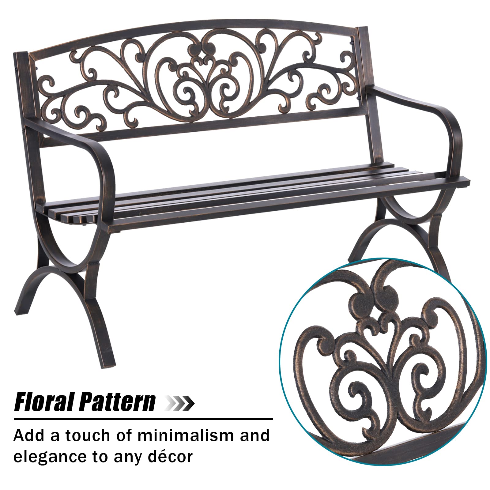MFSTUDIO 50 Inches Outdoor Garden Bench, Cast Iron Metal Frame Patio Park Bench with Floral Pattern Backrest, Arch Legs for Porch Lawn Garden Yard(Black)