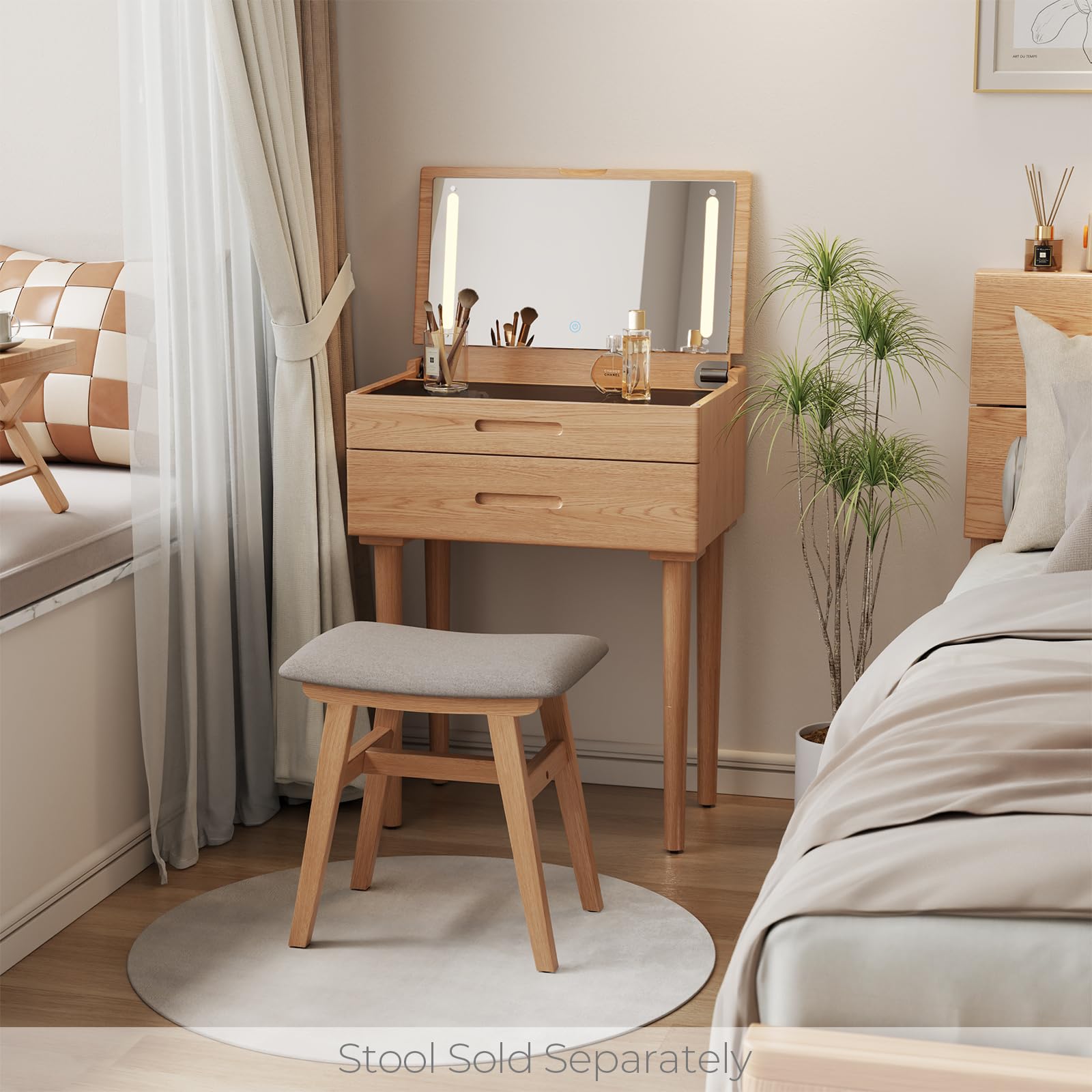 Muwuele Solid Wood Small Vanity Desk with Mirror and Lights, Narrow Makeup Vanity for Small Space, Flip Top Vanity Side Table, 3 Color Modes & Adjustable Brightness, 19.6" Slim Dressing Table, Black