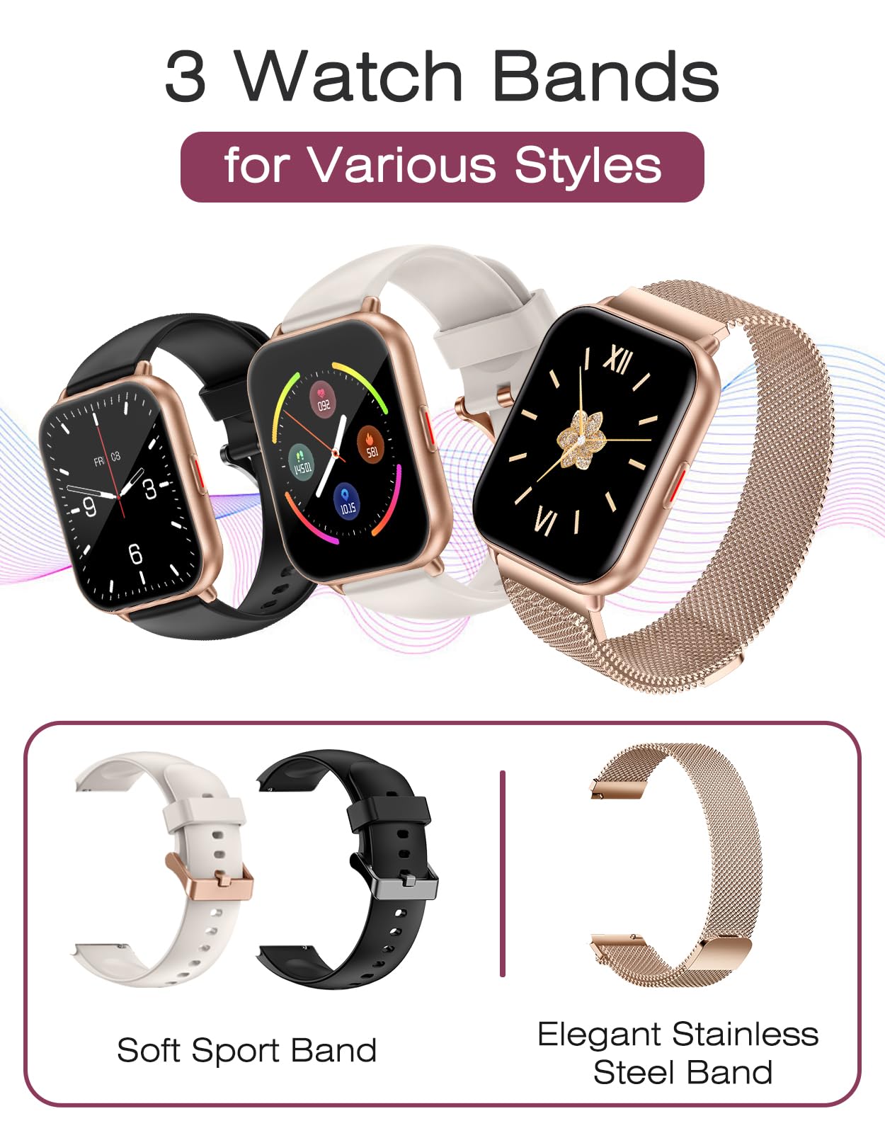 Smart Watches for Women Men (Answer/Make Calls, 3 Bands), 1.85" Fitness Tracker Watch for iPhone/Android Phones with Heart Rate Monitor Sleep/Steps Tracker 100+ Sports Pedometer Waterproof (Black)