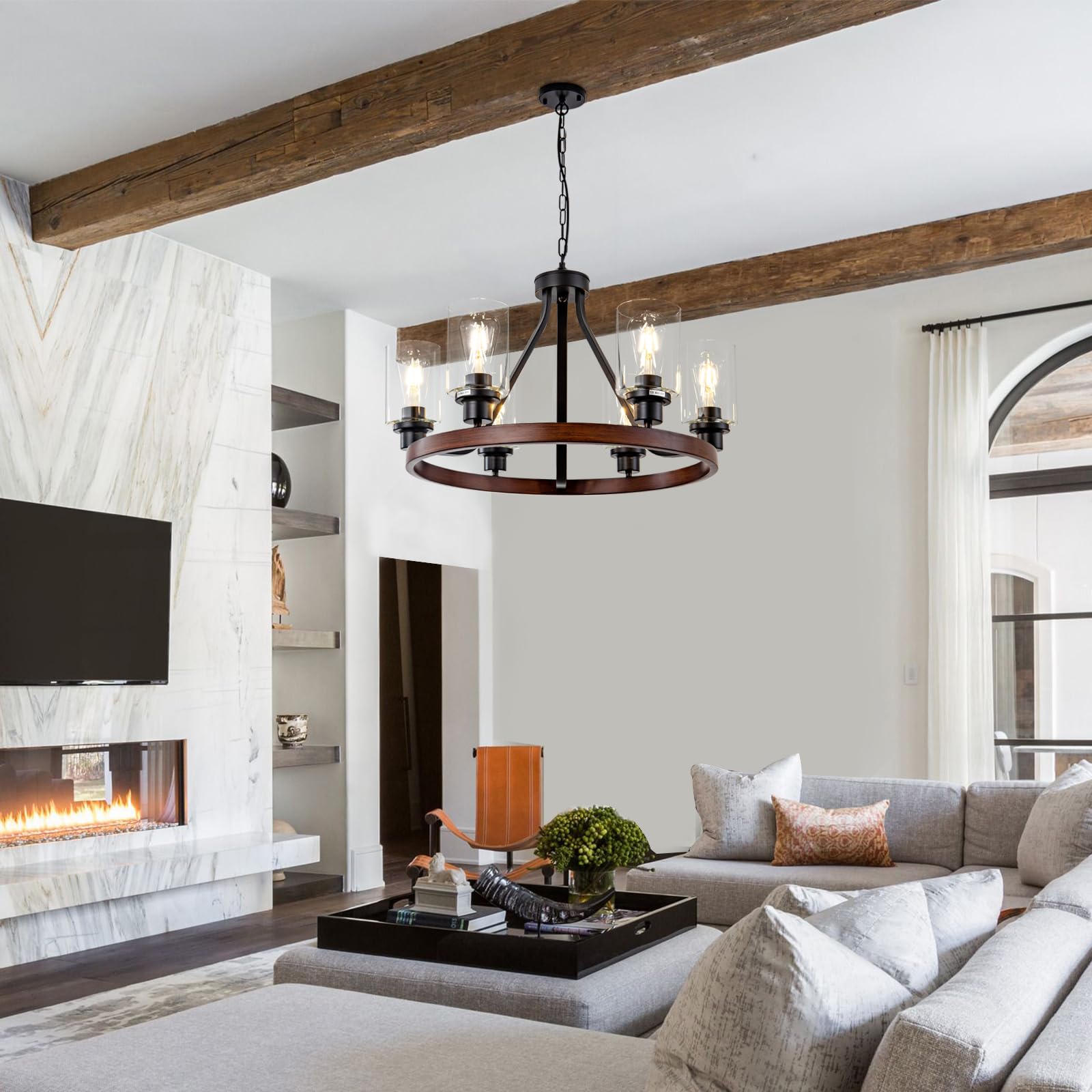 Lanhall 6-Light Modern Dining Room Light Fixture Brushed Nickel Kitchen Chandelier Ceiling Hanging Pendant Lighting with Glass Shade for Living Room Bedroom Entryway Adjustable Height Metal E26