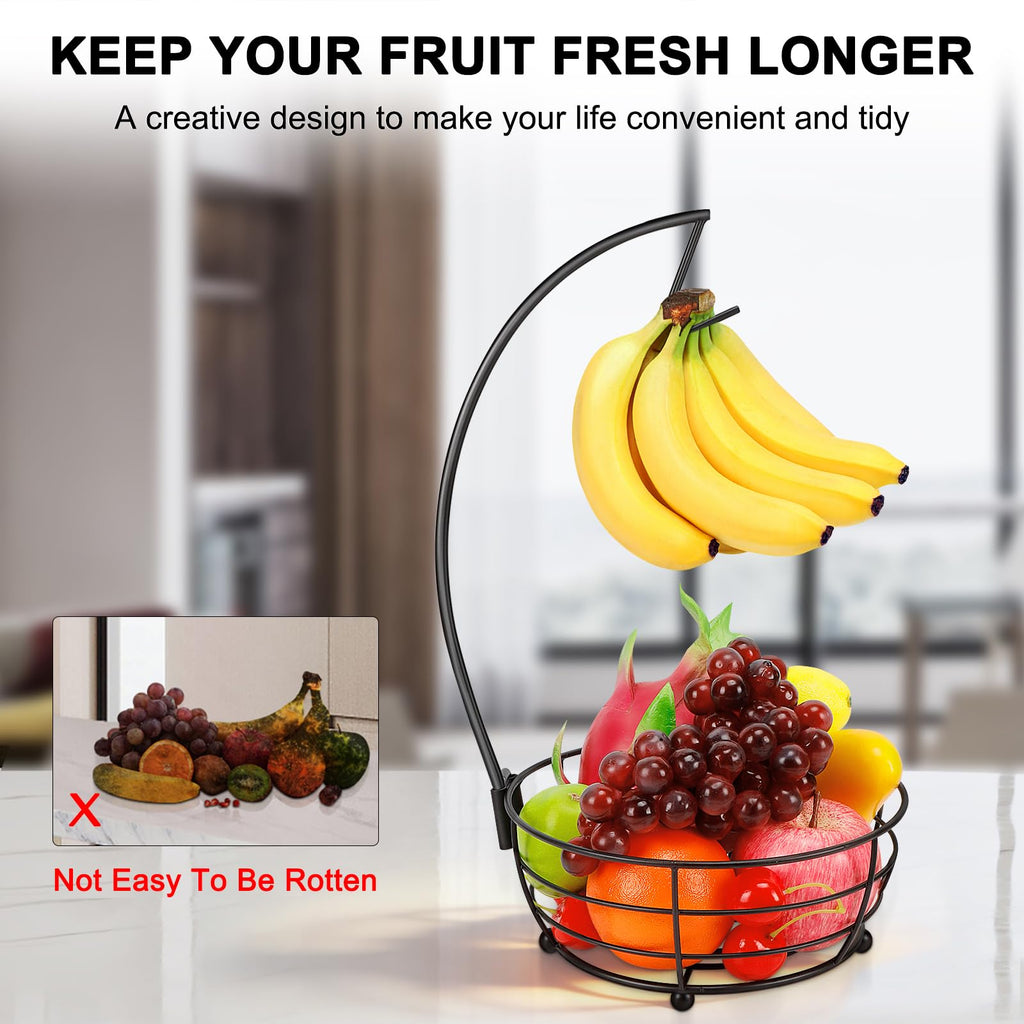 Livabber Countertop Fruit Basket Bowl with Banana Hanger, Modern Standing Fruit Vegetable Bowl Storage, with Banana Tree Holder for Kitchen Dinning Table (Round Marble, Black)