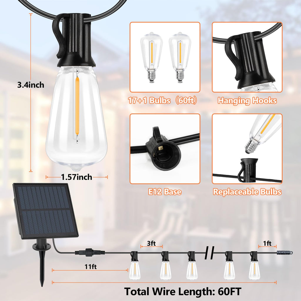 50 FT Solar String Lights for Outside, Solar Powered Outdoor String Lights with 26 Shatterproof Edison Bulbs, Dimmable Patio Lights Waterproof with Remote Timer for Wedding Backyard(Warm White)