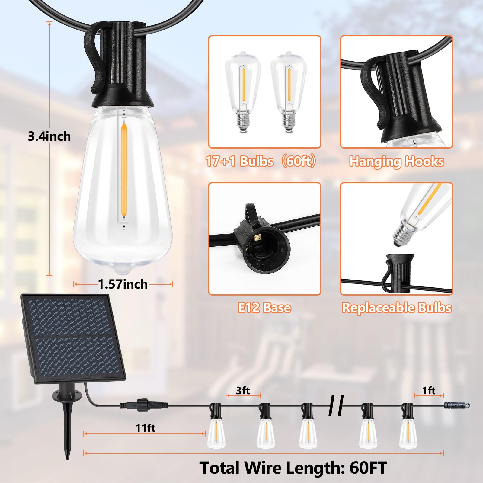 50 FT Solar String Lights for Outside, Solar Powered Outdoor String Lights with 26 Shatterproof Edison Bulbs, Dimmable Patio Lights Waterproof with Remote Timer for Wedding Backyard(Warm White)