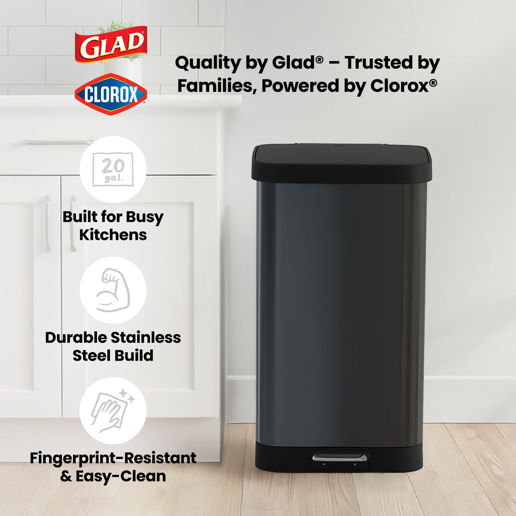 Glad 13 Gallon All Brushed Stainless Steel Trash Can with Clorox Odor Protection | Large Metal Kitchen Garbage Bin with Soft Close Lid, Garbage Bag Rings, Step On Foot Pedal and Waste Bag Roll Holder