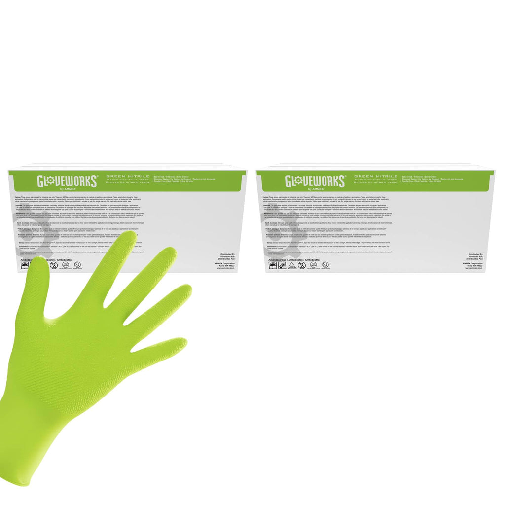 GLOVEWORKS HD Green Gloves, 8 Mil Nitrile Disposable Heavy Duty Raised Diamond Grip Mechanic Glove, Bulk Purchasing Options