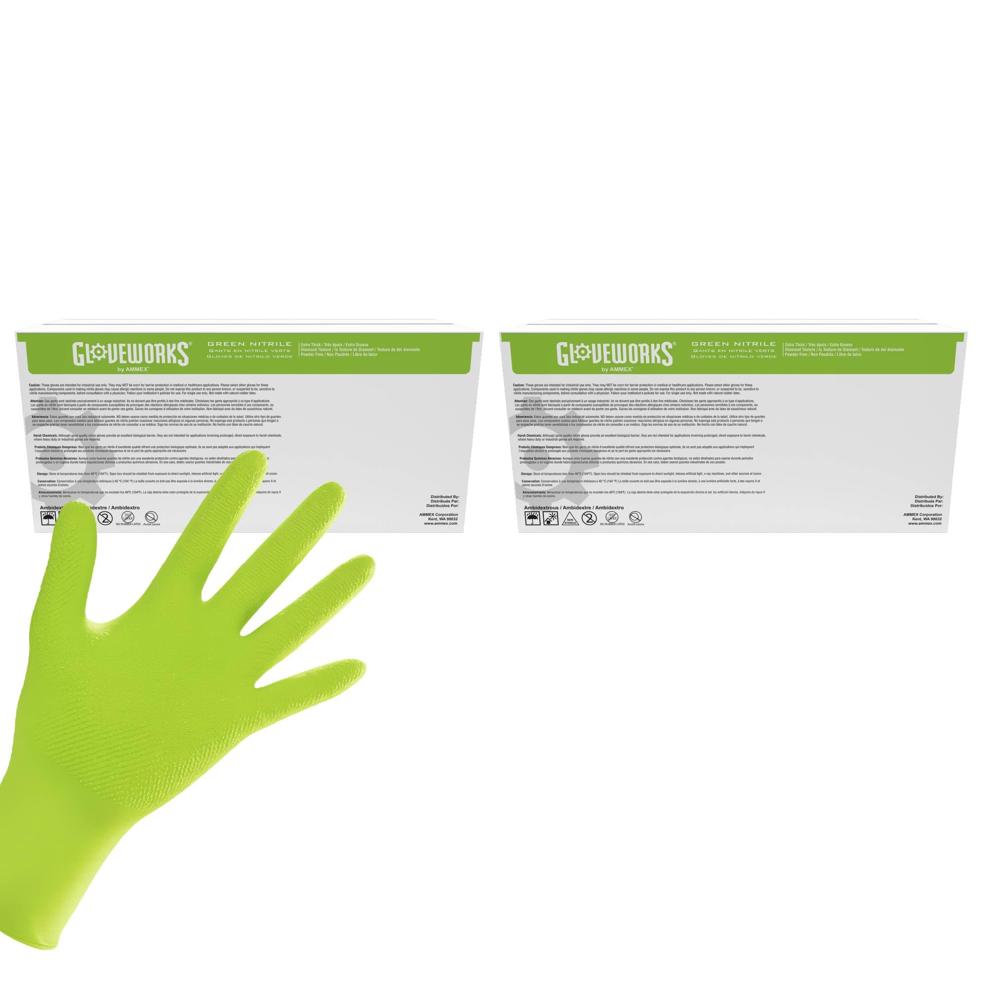 GLOVEWORKS HD Green Gloves, 8 Mil Nitrile Disposable Heavy Duty Raised Diamond Grip Mechanic Glove, Bulk Purchasing Options