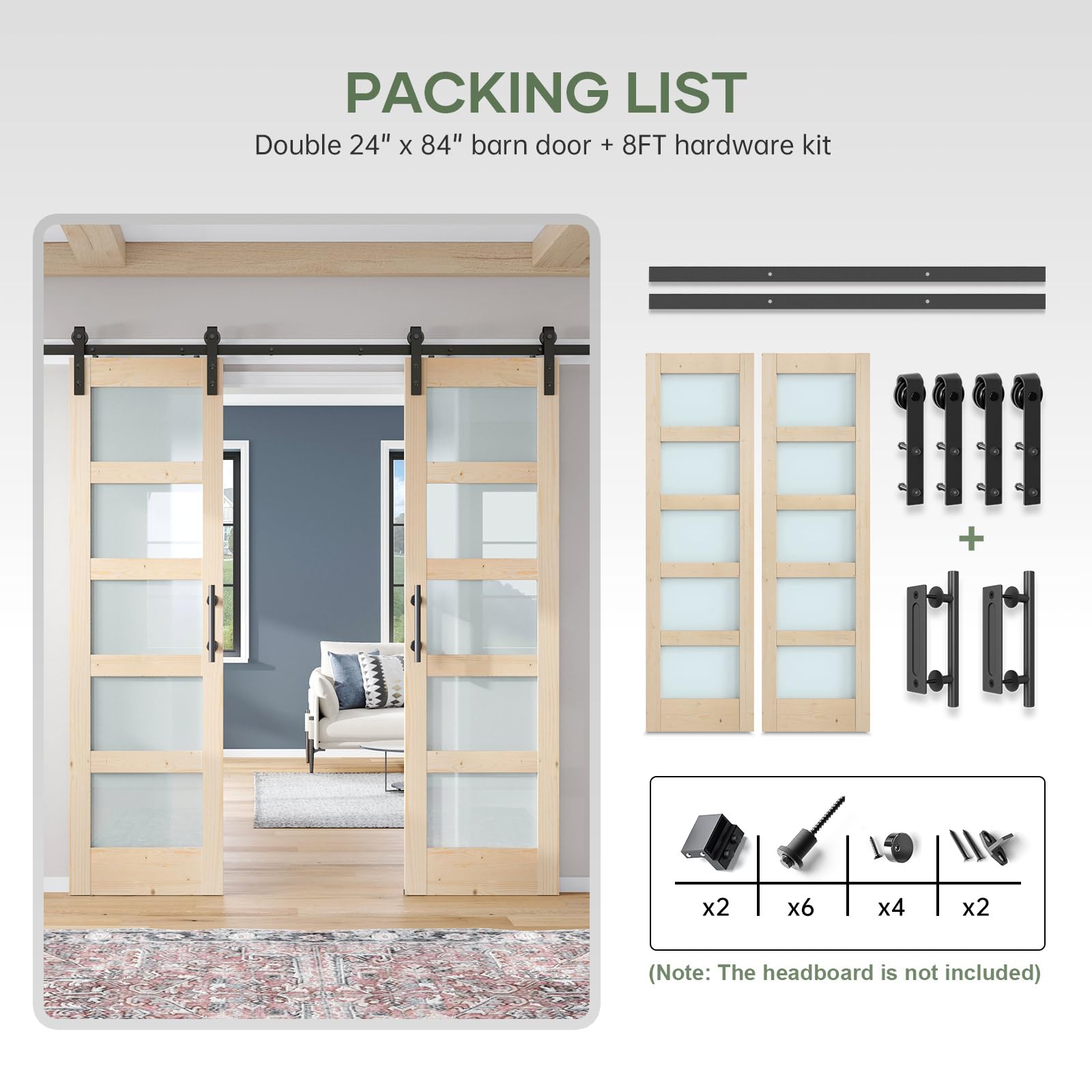 Double 18×84 inch Glass Sliding Barn Door Slab with 6.6ft Hardware Kit Included, 5-Panel Frosted Glass, Spruce Wood Support DIY Dyeing, Easy Assembly