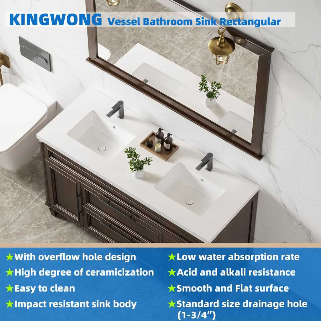 KINGWONG 14 Inch Small Square Undermount Bathroom Sink, 13.75" Ceramic White Porcelain Under Counter Basin for Vanity, Modern Rectangular Sink with Overflow Hole, Easy to Clean, Interior 11.5" x 11.5"
