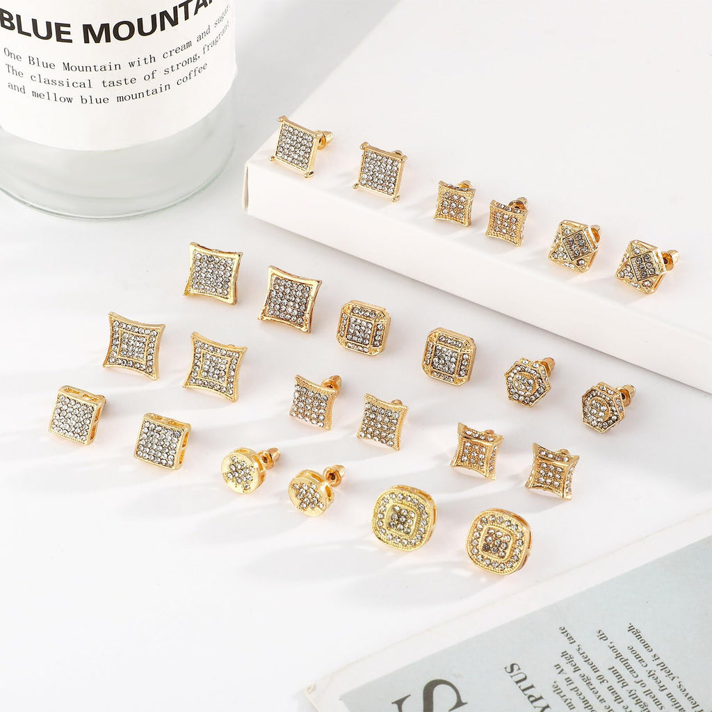 NEWITIN 12 Pairs Stainless Steel Stud Earrings for Men Hypoallergenic Earring Unisex Studs Inlaid Cubic Zirconia Men Earrings Hoop CZ Stud Earring Set for Women