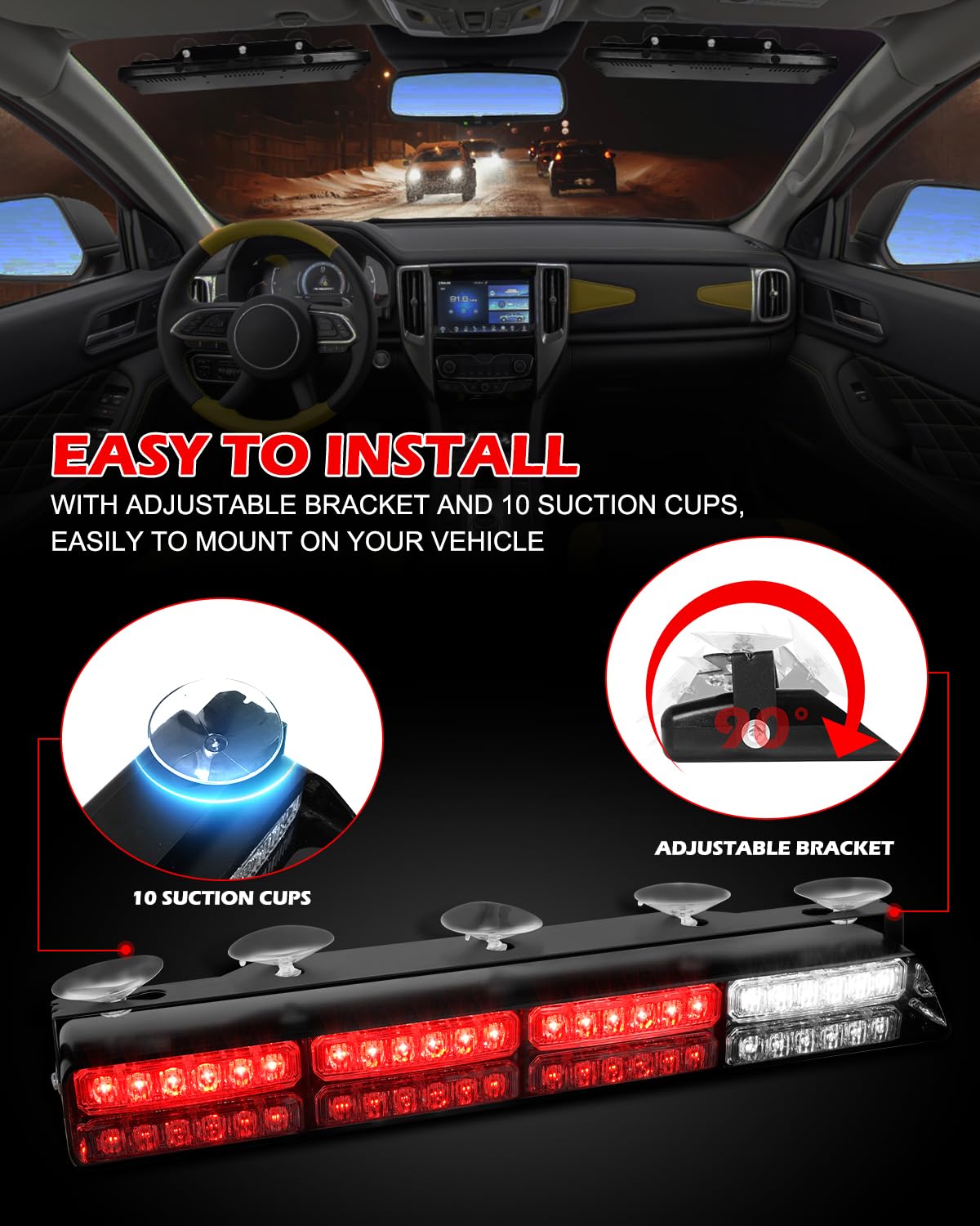 HLauto 604N Emergency Dash Strobe Lights: 2x16.8 inch Amber White Security Light w/Take Down, 48 LED Safety Flashing Warning Hazard Interior Windshield Light Bar for Truck Vehicle